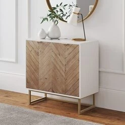 Nathan James Enloe Modern Storage, Free Standing Accent Cabinet With Doors In A Rustic Fir Wood Finish Powder-coated Metal Base For Hallway, Entryway Or Living Room, White/Gold