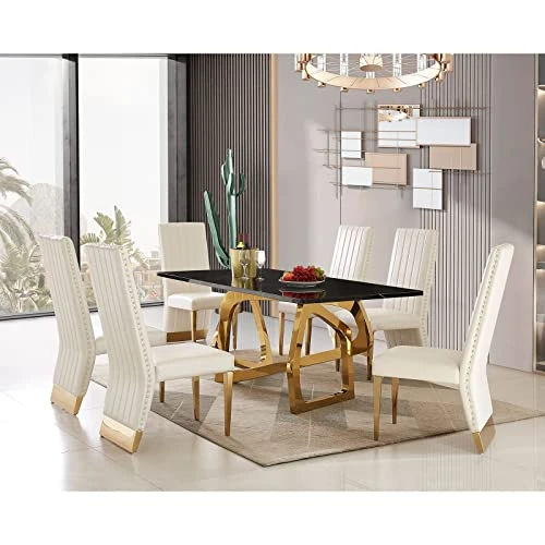AUZ 3 Pieces Dining Room Bench Sets, White PU Leather Ottoman With 2 Channel Back Dining Chairs In White Gold 4 AUZ 3 Pieces Dining Room Bench Sets, White PU Leather Ottoman With 2 Channel Back Dining Chairs In White Gold - Image 4
