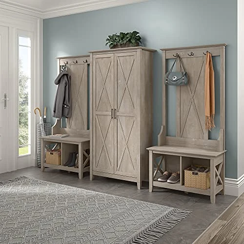 Bush Furniture Key West Entryway Storage Set With Hall Tree, Shoe Bench And Tall Cabinet, Washed Gray 2 Bush Furniture Key West Entryway Storage Set With Hall Tree, Shoe Bench And Tall Cabinet, Washed Gray - Image 2