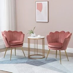 ZJhome Modern Accent Velvet Chairs Shell Shape Chairs Comfy Upholstered Vanity Chairs For Bedroom Armchair Dining Chairs With Golden Metal Legs Desk Chair Makeup Chairs For Living Room (Pink (Small))