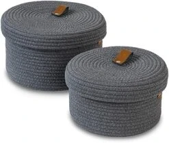 DENJA & CO Round Baskets With Lids - Set Of 2 Decorative Baskets With Lids For Organizing - Cotton Rope Lidded Baskets With Genuine Leather Tabs - Storage Baskets With Lids -Songmics Furniture Shop 51odPQmsmpL. AC