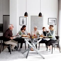 Knocbel Contemporary Rectangular Tempered Glass Dining Table With X-Shaped Pedestal, Kitchen Dining Room Table, High Gloss Finish, 63" Wx35.4 Dx29.5 H, White X-Shaped Base​ -Songmics Furniture Shop 51og4kgf7sL. AC