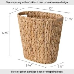 StorageWorks Wicker Waste Basket, Wicker Trash Basket With Built-in Handles, Handwoven Water Hyacinth Trash Can, Wicker Garbage Can For Bedroom, Bathroom, 1 Pack