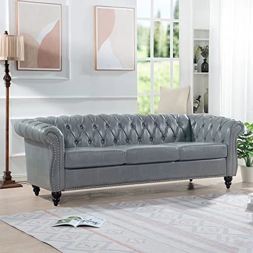LEVNARY Chesterfield Sofa, Classic Tufted Upholstered Leather Couch, Modern 3 Seater Couch Furniture With Tufted Back For Living Room Office (Gray) 2 LEVNARY Chesterfield Sofa, Classic Tufted Upholstered Leather Couch, Modern 3 Seater Couch Furniture With Tufted Back For Living Room Office (Gray) - Image 2