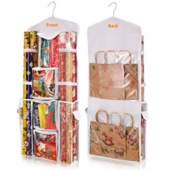 Freeote Hanging Gift Wrap Storage Organizer, 40x16 Inch Wrapping Paper Storage Hanging Gift Bag Organizer Station With Multiple Pockets, White