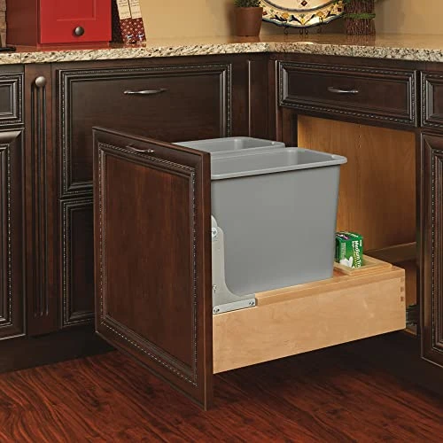 Rev-A-Shelf 4WCBM-2430DM-2 Double 30-Quart Maple Bottom Mount Kitchen Pullout Trash Can Waste Container With Soft Open & Close Slide System, Silver 2 Rev-A-Shelf 4WCBM-2430DM-2 Double 30-Quart Maple Bottom Mount Kitchen Pullout Trash Can Waste Container With Soft Open & Close Slide System, Silver - Image 2