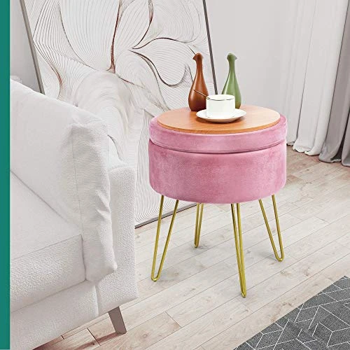 YITAHOME Modern Velvet Upholstered Round Storage Ottoman Footrest Vanity Stool With Gold Metal Legs & Tray Top Coffee Table Having 17.5” Height And Holds Upto 330 Lbs (Pink) 1 YITAHOME Modern Velvet Upholstered Round Storage Ottoman Footrest Vanity Stool With Gold Metal Legs & Tray Top Coffee Table Having 17.5” Height And Holds Upto 330 Lbs (Pink)