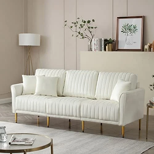 KIVENJAJA Velvet Loveseat Sofa, Channel Tufted 2-Seater Small Couch, Modern Love Seat With 2 Pillows For Living Room Bedroom Apartment, 55”W (Beige) 12 KIVENJAJA Velvet Loveseat Sofa, Channel Tufted 2-Seater Small Couch, Modern Love Seat With 2 Pillows For Living Room Bedroom Apartment, 55”W (Beige) - Image 12
