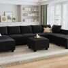 HONBAY Modular Sectional Sofa Set Oversized U Shaped Couch With Storage Ottoman Convertible Sleeper Sectional Sofa Velvet Modular Couch With Wide Chaise, Black