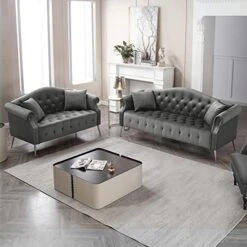 Homtique Sofa Set For Living Room 2 Piece, Modern Velvet Loveseat Sofa Set Upholstered Button Tufted Nailhead Trimming Rolled Arm And Metal Legs, Velvet Sofa Couch With 4 Pillows For Home (Beige) -Songmics Furniture Shop 51p6lolPqoL. AC