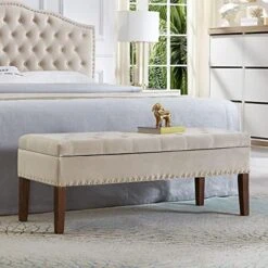 24KF Large Round Upholstered Tufted Linen Ottoman Coffee Table, Large Footrest Ottoman With Wood Shelf Storage- Navy Blue -Songmics Furniture Shop 51pCYwlLviL. AC