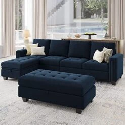 Belffin Velvet Convertible 4-Seat Sectional Sofa With Reversible Chaise L Shaped Sofa Couch Furniture Sets Sectional Couch With Storage Ottoman Blue -Songmics Furniture Shop 51pFRCEELZL