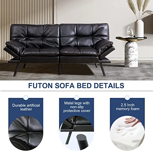 MUUEGM Futon Sofa Bed,Memory Foam Modern Convertible Couch Bed,Folding Futon Sleeper Couch With Compact Living Space,Apartment,Dorm,Bonus Room,71" D X 33" W X 31.5" H,Black 4 MUUEGM Futon Sofa Bed,Memory Foam Modern Convertible Couch Bed,Folding Futon Sleeper Couch With Compact Living Space,Apartment,Dorm,Bonus Room,71" D X 33" W X 31.5" H,Black - Image 4