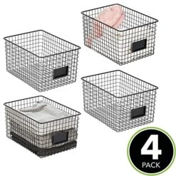 MDesign Large Metal Farmhouse Storage Organizer Bin Baskets With Label Slot For Closet, Cabinet, Cupboard - Wire Organizing Basket Holds Clothing, Linens, Shoes, Omaha Collection, 4 Pack, Matte Black