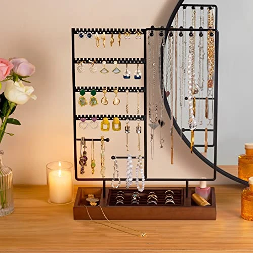 ProCase Jewelry Holder Organizer Earring Stand, 144 Holes Stud Earring Display Rack Necklace Storage Tower With Removable Wood Ring Tray -Black 3 ProCase Jewelry Holder Organizer Earring Stand, 144 Holes Stud Earring Display Rack Necklace Storage Tower With Removable Wood Ring Tray -Black - Image 3