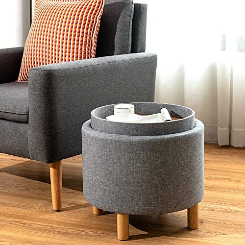 Giantex Round Storage Ottoman With Tray, Accent Storage Footstool W/ Soft Padding, Fabric Sitting Stool W/ Solid Wood Legs & Non-Slip Pads, Tray Top Coffee Table For Living Room, Bedroom (Grey) 2 Giantex Round Storage Ottoman With Tray, Accent Storage Footstool W/ Soft Padding, Fabric Sitting Stool W/ Solid Wood Legs & Non-Slip Pads, Tray Top Coffee Table For Living Room, Bedroom (Grey) - Image 2