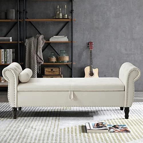 LUCKHAO Storage Bench For Bedroom End Of Bed, 63" Long Velvet Tufted Upholstered Storage Ottoman Bench For Bedroom, Rolled Arm Nailhead Trim With Pillow(Grey) 6 LUCKHAO Storage Bench For Bedroom End Of Bed, 63" Long Velvet Tufted Upholstered Storage Ottoman Bench For Bedroom, Rolled Arm Nailhead Trim With Pillow(Grey) - Image 6