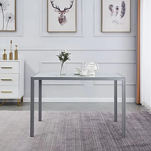 ROOIOME Gray Glass Dining Table Marbled Effect With Tempered Glass Top And Metal Frame And Leg, Gray Rectangle Kitchen Table For Restaurant (L X W X H) 51.20" * 27.5" * 29.5" 2 ROOIOME Gray Glass Dining Table Marbled Effect With Tempered Glass Top And Metal Frame And Leg, Gray Rectangle Kitchen Table For Restaurant (L X W X H) 51.20" * 27.5" * 29.5" - Image 2