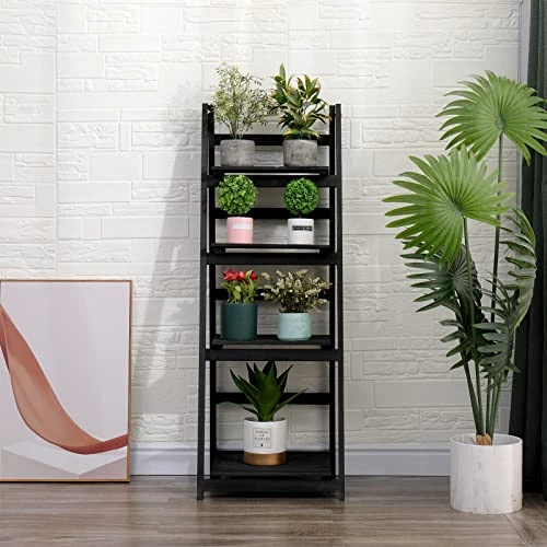 Babion Ladder Shelf, 4-Tier Bookshelf, Industrial Leaning Bookshelves Ladder Bookcase Wooden Shelf With Stable Frame Plant Stand Storage Rack Shelf For Kitchen, Bathroom-Black 2 Babion Ladder Shelf, 4-Tier Bookshelf, Industrial Leaning Bookshelves Ladder Bookcase Wooden Shelf With Stable Frame Plant Stand Storage Rack Shelf For Kitchen, Bathroom-Black - Image 2