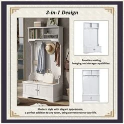 Hall Tree, 3-in-1 Hallway Coat Rack With Shelves Cabinet, Four Hooks, Entryway Bench, Modern Storage Bench Multi-use Hall Tree With Two Open Shelves For Living Room Hallway Bedroom, White 10 Hall Tree, 3-in-1 Hallway Coat Rack With Shelves Cabinet, Four Hooks, Entryway Bench, Modern Storage Bench Multi-use Hall Tree With Two Open Shelves For Living Room Hallway Bedroom, White -Songmics Furniture Shop 51pbJJY5j9L