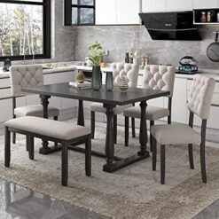P PURLOVE 6 Piece Dining Table Set Vintage Style Solid Wood Legs Dining Table, Upholstered Bench And 4 Upholstered Chairs For Home Living Wooden Kitchen Table Set For 6 (Espresso And Beige) -Songmics Furniture Shop 51pfAEIqXL. AC 2