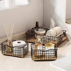 Metal Wire Basket Storage, Bathroom Basket For Organizing, Bathroom Counter Organizer With Wooden Handles, Farmhouse Bathroom Decor Tray, Toilet Paper Basket Storage (Set Of 3, Black)