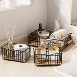 Metal Wire Basket Storage, Bathroom Basket For Organizing, Bathroom Counter Organizer With Wooden Handles, Farmhouse Bathroom Decor Tray, Toilet Paper Basket Storage (Set Of 3, Black) 22 Metal Wire Basket Storage, Bathroom Basket For Organizing, Bathroom Counter Organizer With Wooden Handles, Farmhouse Bathroom Decor Tray, Toilet Paper Basket Storage (Set Of 3, Black) -Songmics Furniture Shop 51pgMECmolL. AC
