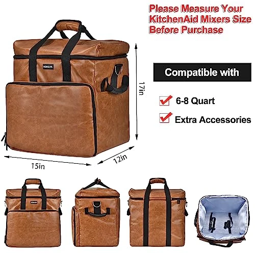 Zippered Kitchen Mixer Storage Bag Water Resistant Thicken Storage Shoulder Bag,PU Leather Fabric, Portable Storage Bag For KitchenAid Mixers And Extra Accessories (Fits For 6-8 Quart, Brown) 1 Zippered Kitchen Mixer Storage Bag Water Resistant Thicken Storage Shoulder Bag,PU Leather Fabric, Portable Storage Bag For KitchenAid Mixers And Extra Accessories (Fits For 6-8 Quart, Brown)