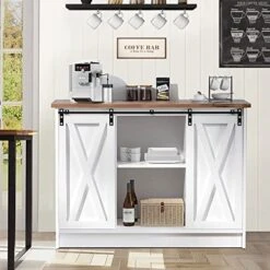 Farmhouse Coffee Bar Cabinet, 42’’ Kitchen Buffet Sideboard Cabinet With Storage, White Coffee Bar Buffet Cabinet With Sliding Barn Door, Coffee Bar Table With Adjustable Shelf For Living Dining Room