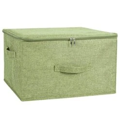 ANMINY Storage Bins With Zipper Lid Storage Boxes With Handles PP Plastic Board Foldable Lidded Cotton Linen Fabric Home Cube Baskets Closet Clothes Toys Organizer Container - Green, Extra Large Size