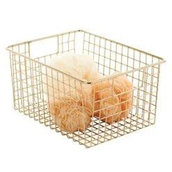 MDesign Metal Wire Bathroom Storage Basket Organizer With Handles - Organize Master Or Guest Bathrooms, Linen, Hallway, Or Entryway Closets, Bedroom, Laundry Room - Concerto Collection - Soft Brass