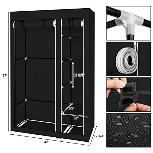 Savins 67" Portable Clothes Closet Wardrobe With Non-Woven Fabric And Hanging Rod Quick And Easy To Assemble Black 2 Savins 67" Portable Clothes Closet Wardrobe With Non-Woven Fabric And Hanging Rod Quick And Easy To Assemble Black - Image 2