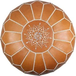 KRAFTIZAN Moroccan Leather Pouf Ottoman Foot Rest – Handmade Ottoman Leather Pouf – Genuine Leather Boho Round Ottoman Pouf Crafted By Moroccan Artisans – 21 X 13 Inch (Tan Brown, Unstuffed)