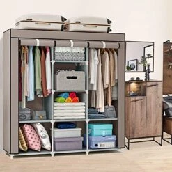 WSNIJFU Portable Closet Wardrobe, Freestanding Closet Organizer With Cover, Non-Woven Fabric Closet Rack With 2 Hanging Rods, Sturdy Spacious Canvas Wardrobe For Bedroom 46.4x17.7x66.5inch Brown -Songmics Furniture Shop 51qVDQodQGL