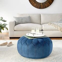 Madison Park Kelsey Round Floor Pillow Pouf Large-Soft Fabric, Polystyrene Beads Fill Ottoman Foot Stool-1 Piece Mid-Century Modern Floral Design Oversized Beanbag, Blue -Songmics Furniture Shop 51qWanOFEqS