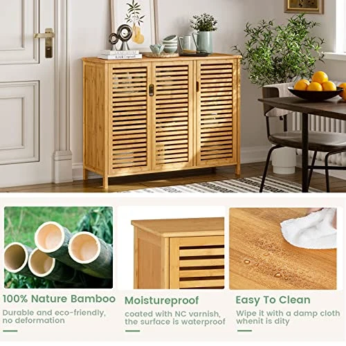 VIAGDO Buffet Sideboard Storage Cabinet, Kitchen Cupboard With 3 Louvered Doors, Buffet Server Console Table, Accent Cabinet, For Dining Room, Living Room, Kitchen, Hallway, Natural Bamboo 2 VIAGDO Buffet Sideboard Storage Cabinet, Kitchen Cupboard With 3 Louvered Doors, Buffet Server Console Table, Accent Cabinet, For Dining Room, Living Room, Kitchen, Hallway, Natural Bamboo - Image 2