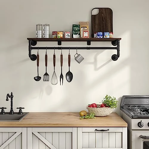 Crehomfy Industrial Pipe Clothes Rack With Top Shelf And 3 Hooks, 41''L Wall Mounted Garment Rack, Heavy Duty Iron Garment Bar, Clothes Hanging Rod Bar, 4 Base Max Load 135Lb Black 5 Crehomfy Industrial Pipe Clothes Rack With Top Shelf And 3 Hooks, 41''L Wall Mounted Garment Rack, Heavy Duty Iron Garment Bar, Clothes Hanging Rod Bar, 4 Base Max Load 135Lb Black - Image 5