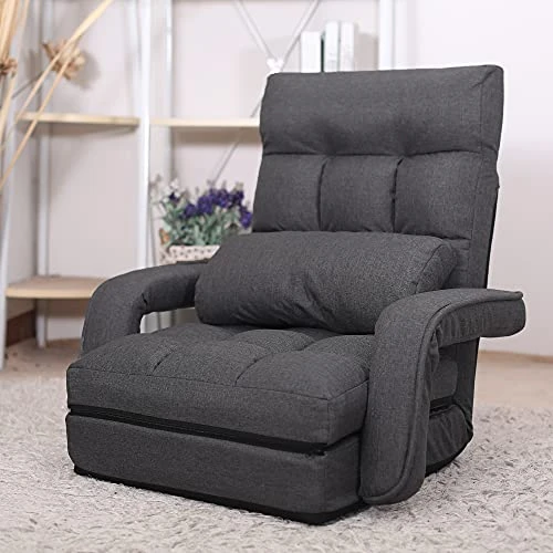 WAYTRIM Indoor Chaise Lounge Sofa, Folding Lazy Sofa Floor Chair, 6-Position Folding Padded Lounger Bed With Armrests - Dark Gray 1 WAYTRIM Indoor Chaise Lounge Sofa, Folding Lazy Sofa Floor Chair, 6-Position Folding Padded Lounger Bed With Armrests - Dark Gray
