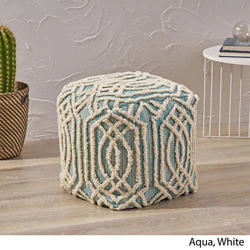 Great Deal Furniture Poppy Boho Wool And Cotton Ottoman Pouf, Aqua And White 3 Great Deal Furniture Poppy Boho Wool And Cotton Ottoman Pouf, Aqua And White - Image 3
