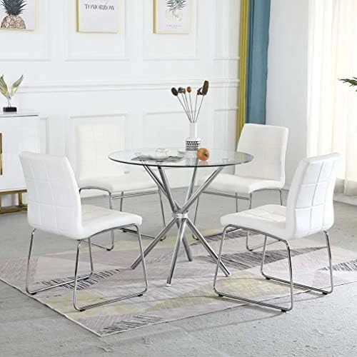 WENYU 5 Pieces Glass Dining Table Set, Round Kitchen Table With Clear Tempered Glass Top, Modern Dining Table And Chairs Set For 4 Person (Table + 4 Gray Chairs) 7 WENYU 5 Pieces Glass Dining Table Set, Round Kitchen Table With Clear Tempered Glass Top, Modern Dining Table And Chairs Set For 4 Person (Table + 4 Gray Chairs) - Image 7