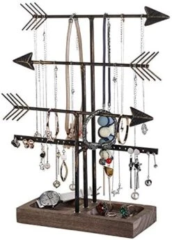 Urban Deco Arrow Jewelry Organizer Stand 4-Tier Black Jewelry Stand Necklace Organizer With Wooden Ring Holder For Jewelry Display Bracelet Holder Stand Earring Organizer For Girls - Black -Songmics Furniture Shop 51r145U6K9L. AC
