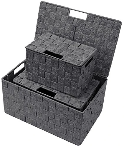 Sorbus Storage Box Woven Basket Bin Container Tote Cube Organizer Set Stackable Storage Basket Woven Strap Shelf Organizer Built-In Carry Handles (Lid Bins - 3 Pack, Gray) 4 Sorbus Storage Box Woven Basket Bin Container Tote Cube Organizer Set Stackable Storage Basket Woven Strap Shelf Organizer Built-In Carry Handles (Lid Bins - 3 Pack, Gray) - Image 4