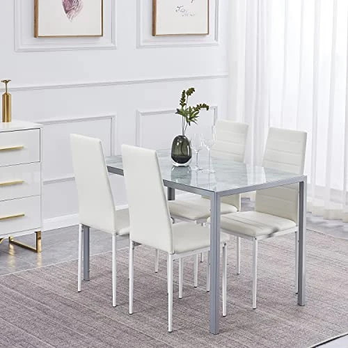 ROOIOME Gray Glass Dining Table Marbled Effect With Tempered Glass Top And Metal Frame And Leg, Gray Rectangle Kitchen Table For Restaurant (L X W X H) 51.20" * 27.5" * 29.5" 5 ROOIOME Gray Glass Dining Table Marbled Effect With Tempered Glass Top And Metal Frame And Leg, Gray Rectangle Kitchen Table For Restaurant (L X W X H) 51.20" * 27.5" * 29.5" - Image 5