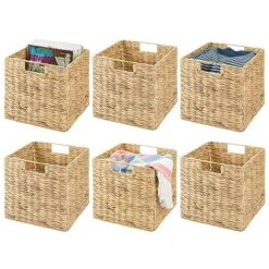 MDesign Natural Woven Hyacinth Cube Organizer Basket With Handles, Storage For Bathroom, Laundry Room Shelf Or Nursery - Perfect For Cubby Storage Units - Hold Blankets And Books - 6 Pack, Natural/Tan