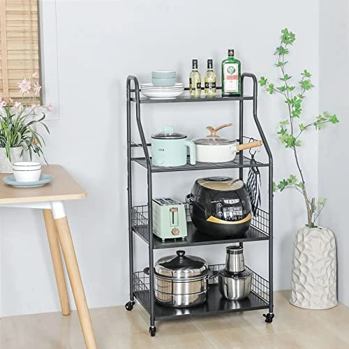 4 Tier Rolling Bakers Rack With Storage 5 S Hooks, Kitchen Rolling Utility Cart With Shelves Wire Basket, Kitchen Serving Bar Cart, Microwave Oven Stand Fruit Vegetable Spice Organizer Rack-Black 4 4 Tier Rolling Bakers Rack With Storage 5 S Hooks, Kitchen Rolling Utility Cart With Shelves Wire Basket, Kitchen Serving Bar Cart, Microwave Oven Stand Fruit Vegetable Spice Organizer Rack-Black - Image 4