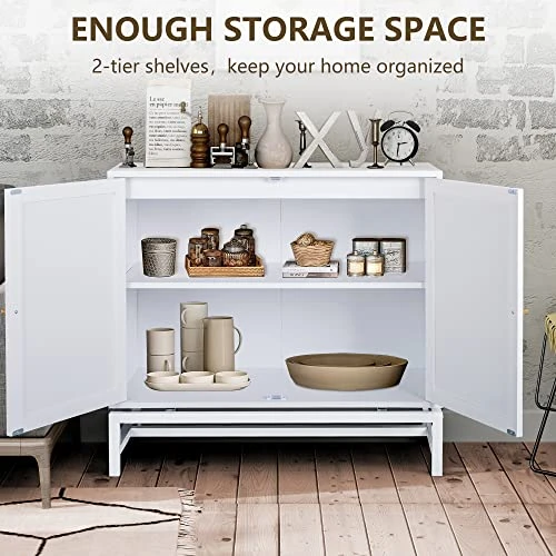 AWQM Sideboard Buffet Cabinet, Accent Storage Cabinet With 2 Rattan Doors, Farmhouse Accent Side Cabinet With Adjustable Shelves,Natural Wood Sideboard Entryway Table For Bar, Dining Room,White 6 AWQM Sideboard Buffet Cabinet, Accent Storage Cabinet With 2 Rattan Doors, Farmhouse Accent Side Cabinet With Adjustable Shelves,Natural Wood Sideboard Entryway Table For Bar, Dining Room,White - Image 6