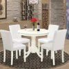 East West Furniture ANAB5-LWH-64 5Pc Round 36" Table And 4 Parson Chair With Linen Leg And Pu Leather Color White