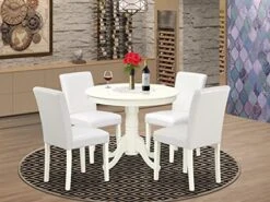 East West Furniture ANAB5-LWH-64 5Pc Round 36" Table And 4 Parson Chair With Linen Leg And Pu Leather Color White
