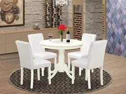 East West Furniture ANAB5-LWH-64 5Pc Round 36" Table And 4 Parson Chair With Linen Leg And Pu Leather Color White -Songmics Furniture Shop 51rK55NUdWS. AC