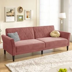 HONBAY Convertible Futon Bed Velvet Sleeper Sofa Tufted Couch Bed With Adjustable Armrests For Apartment, Pink